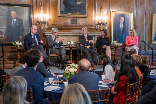 Chen Dongxiao, Michael Fullilove, Richard Haass, Leslie Vinjamuri, and Maragaret Hoover during the CFR general meeting on "International Cooperation in an Era of Great Power Rivalry" (Howard Heyman).